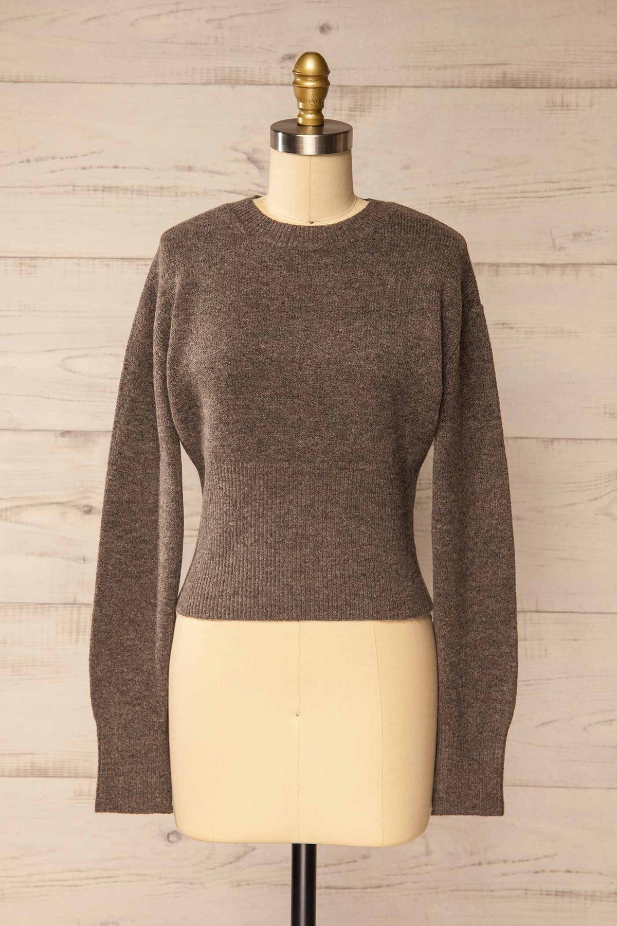 front view of Touima Taupe Knitted Sweater with Ribbed Waist at La petite garçonne