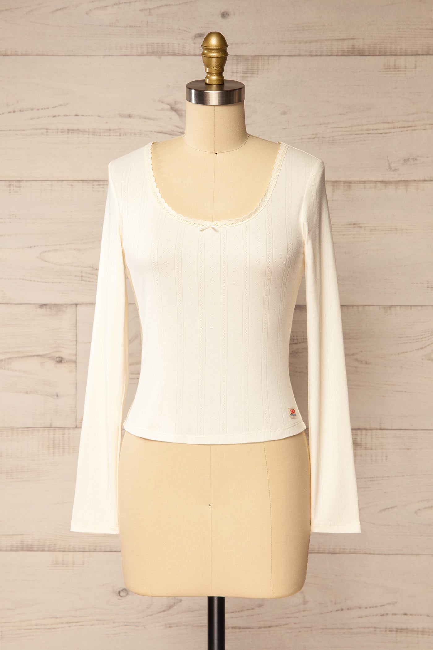 front view of Toulal Ivory Lace-Trim Pointelle Long-Sleeve Top at La petite garçonne