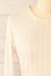 Toulon Beige Long Sleeve Lace-Knit Top | La petite garçonne front close-up