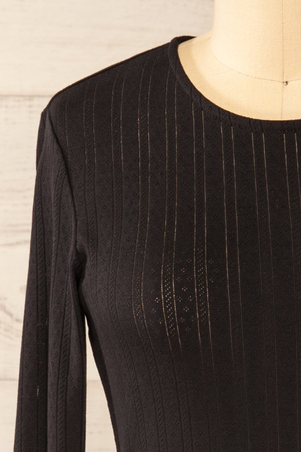 Toulon Black Long Sleeve Lace-Knit Top | La petite garçonne front close-up