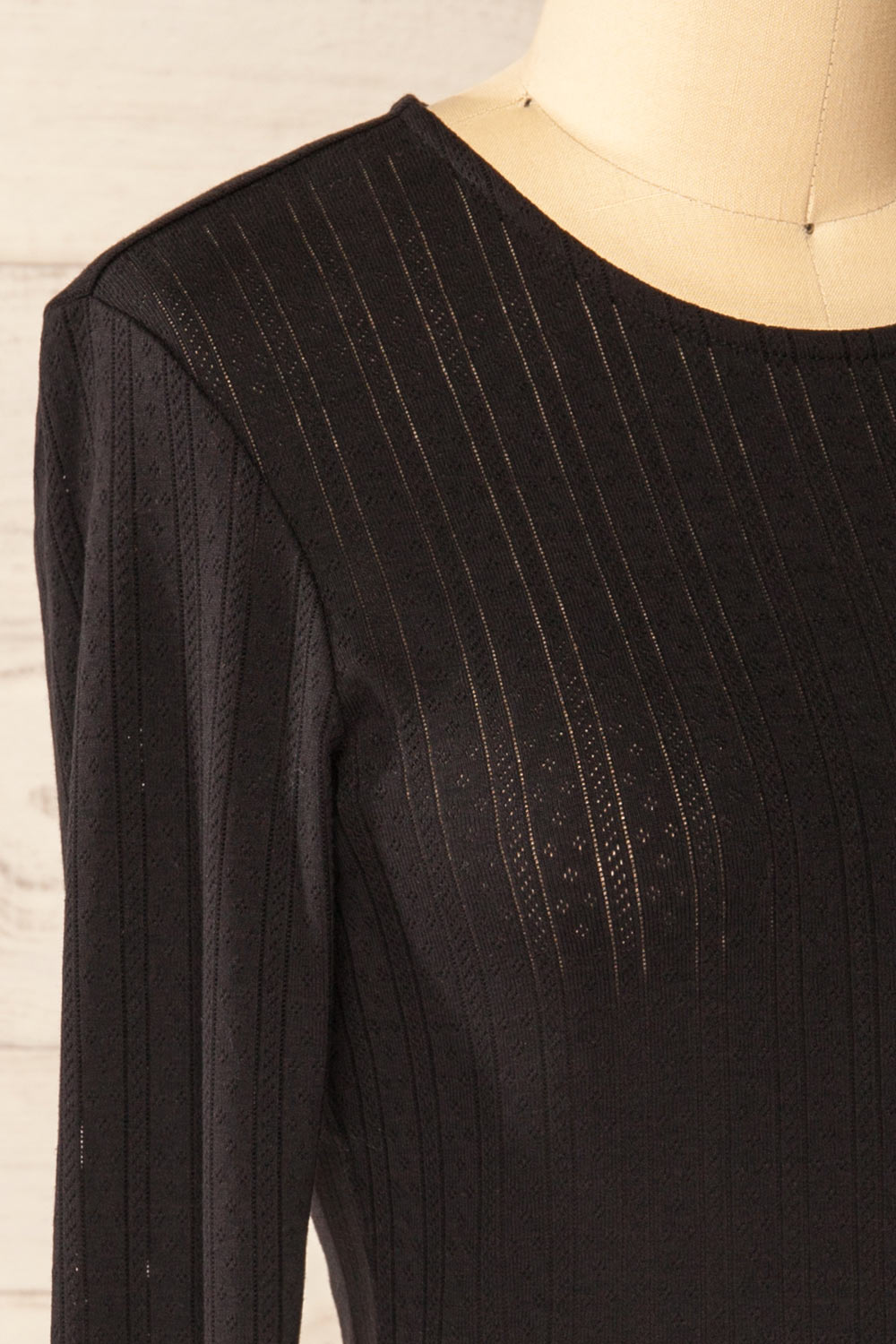 Toulon Black Long Sleeve Lace-Knit Top | La petite garçonne side close-up