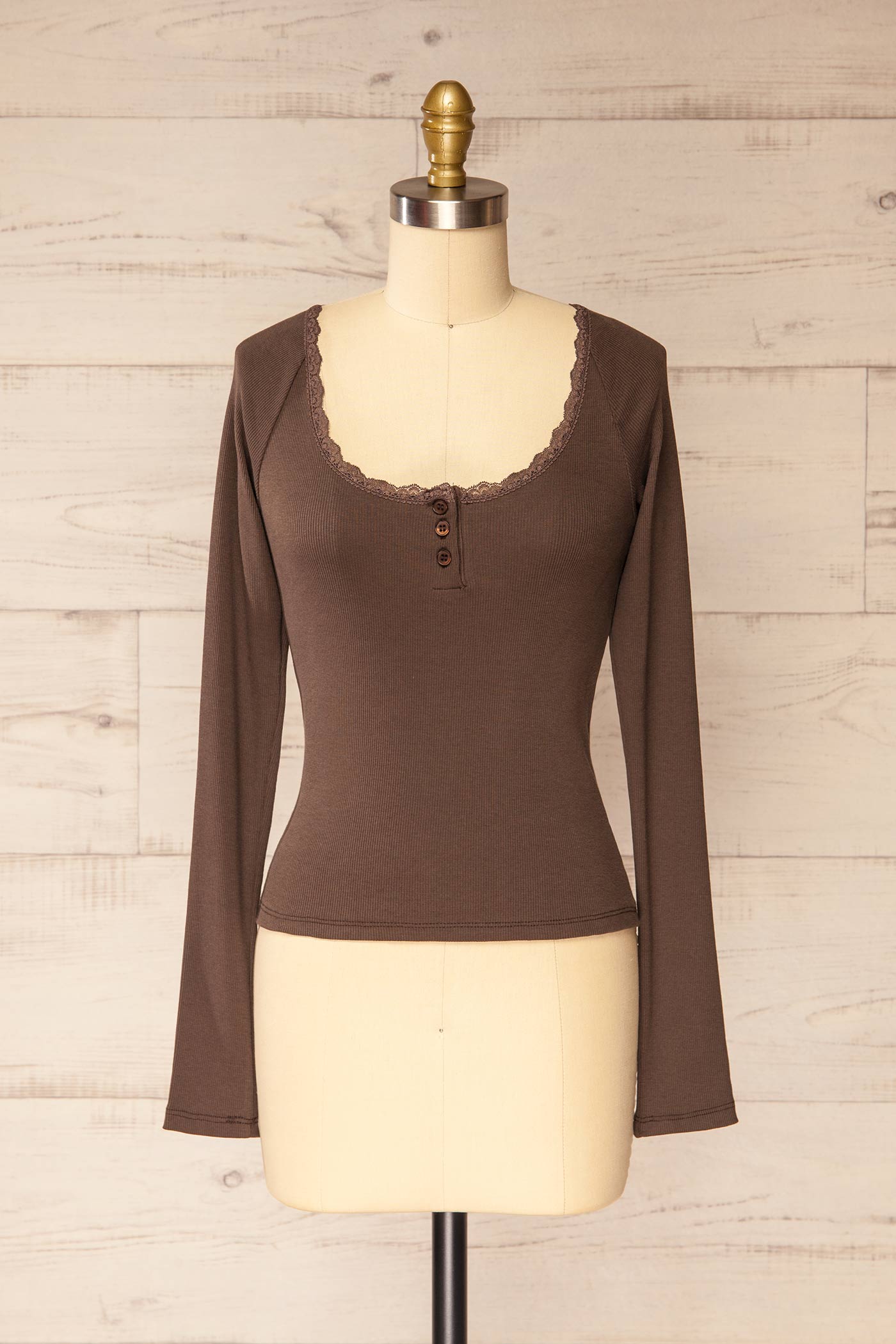 Trento Brown Long Sleeves Top with Lace Trim | La petite garçonne front
