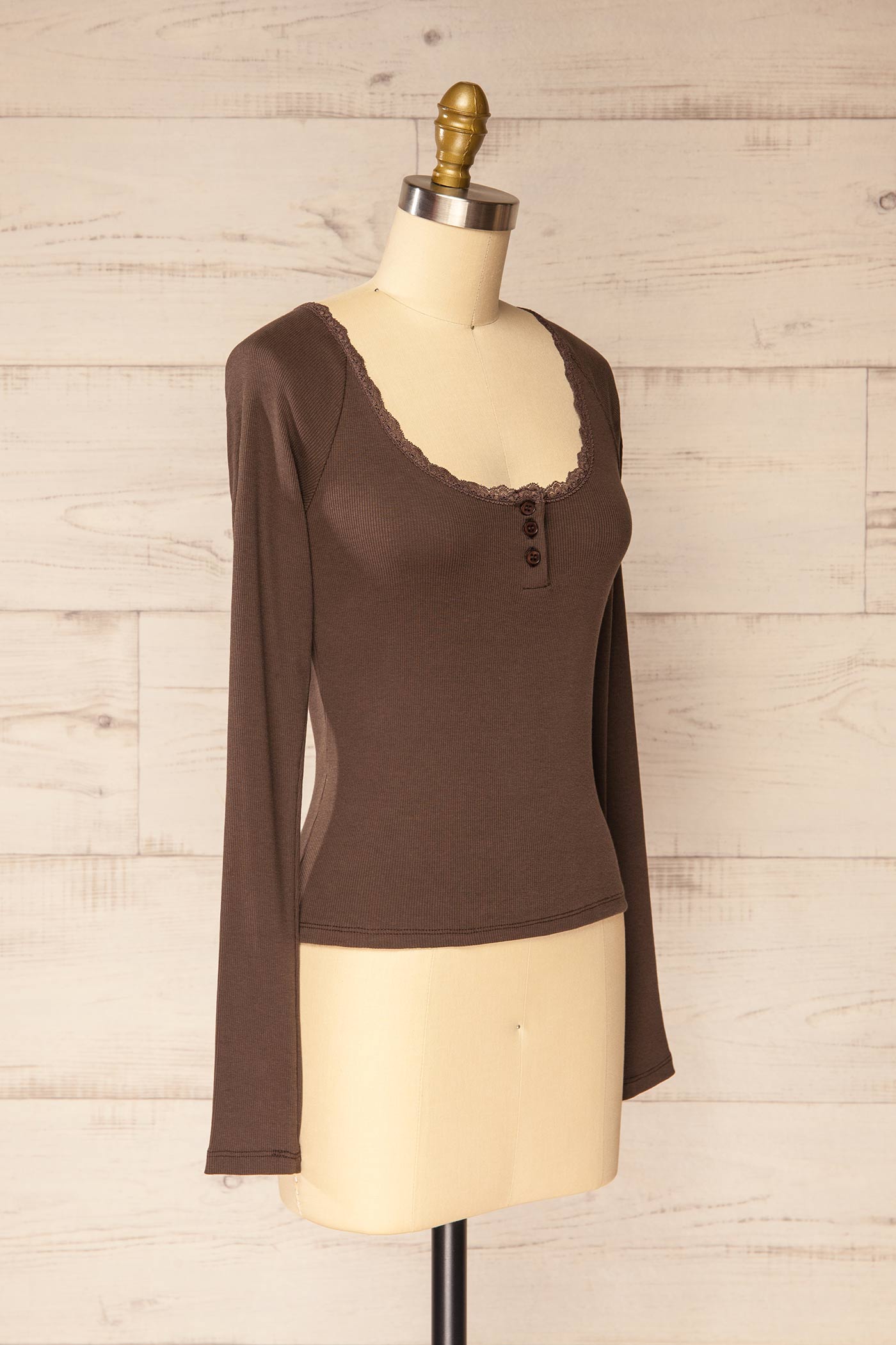 Trento Brown Long Sleeves Top with Lace Trim | La petite garçonne side