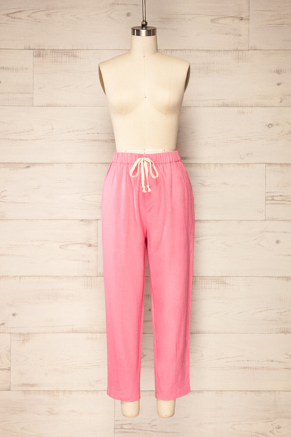 Trincao Pink Linen Pants with Drawstrings | La petite garçonne front view