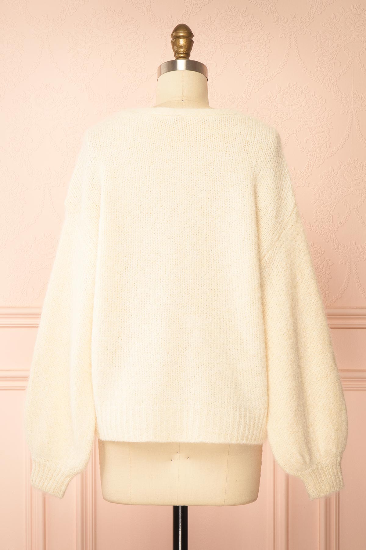 back view of Tsubaki Beige Knit V-Neck Cardigan Sweater with Lace Bows at Boutique 1861