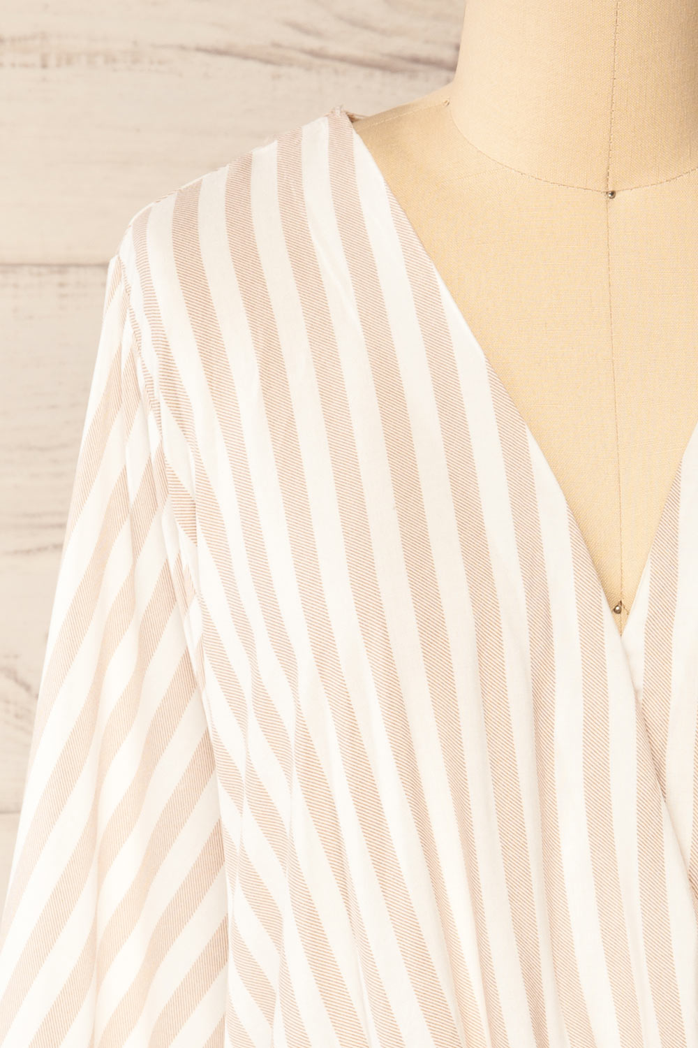 Tucuman Taupe Striped Loose V-Neck Top | La petite garçonne front close-up