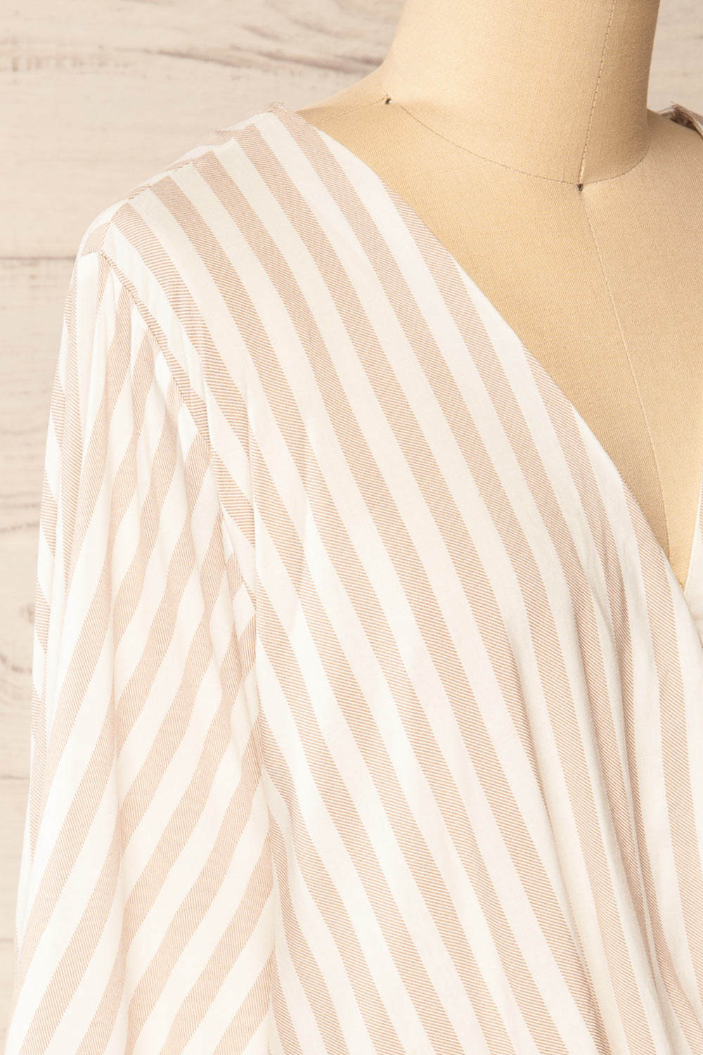 Tucuman Taupe Striped Loose V-Neck Top | La petite garçonne side close-up