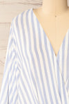 Tucuman Blue Striped Loose V-Neck Top | La petite garçonne  front close-up