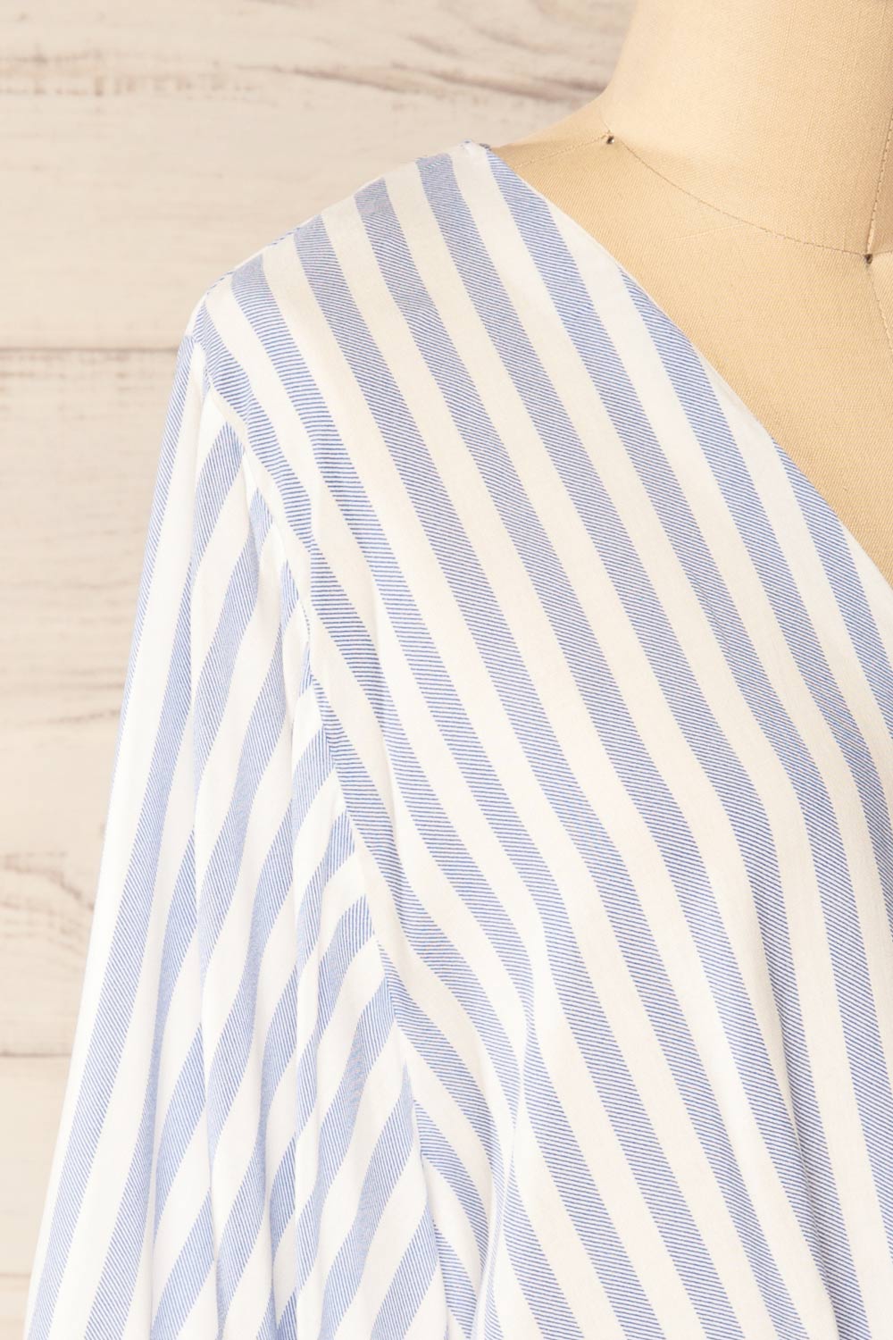 Tucuman Blue Striped Loose V-Neck Top | La petite garçonne  side close-up