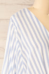 Tucuman Blue Striped Loose V-Neck Top | La petite garçonne  side close-up