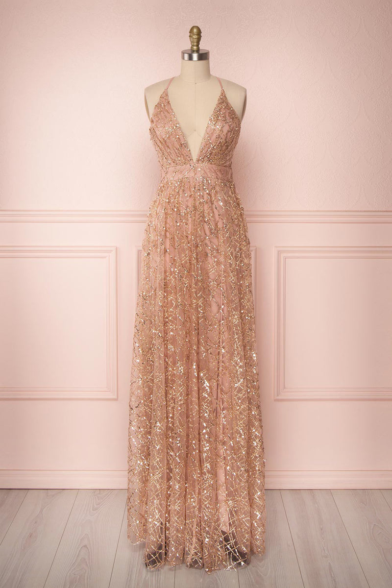 Tyffen Pink & Gold Sequin Maxi Dress