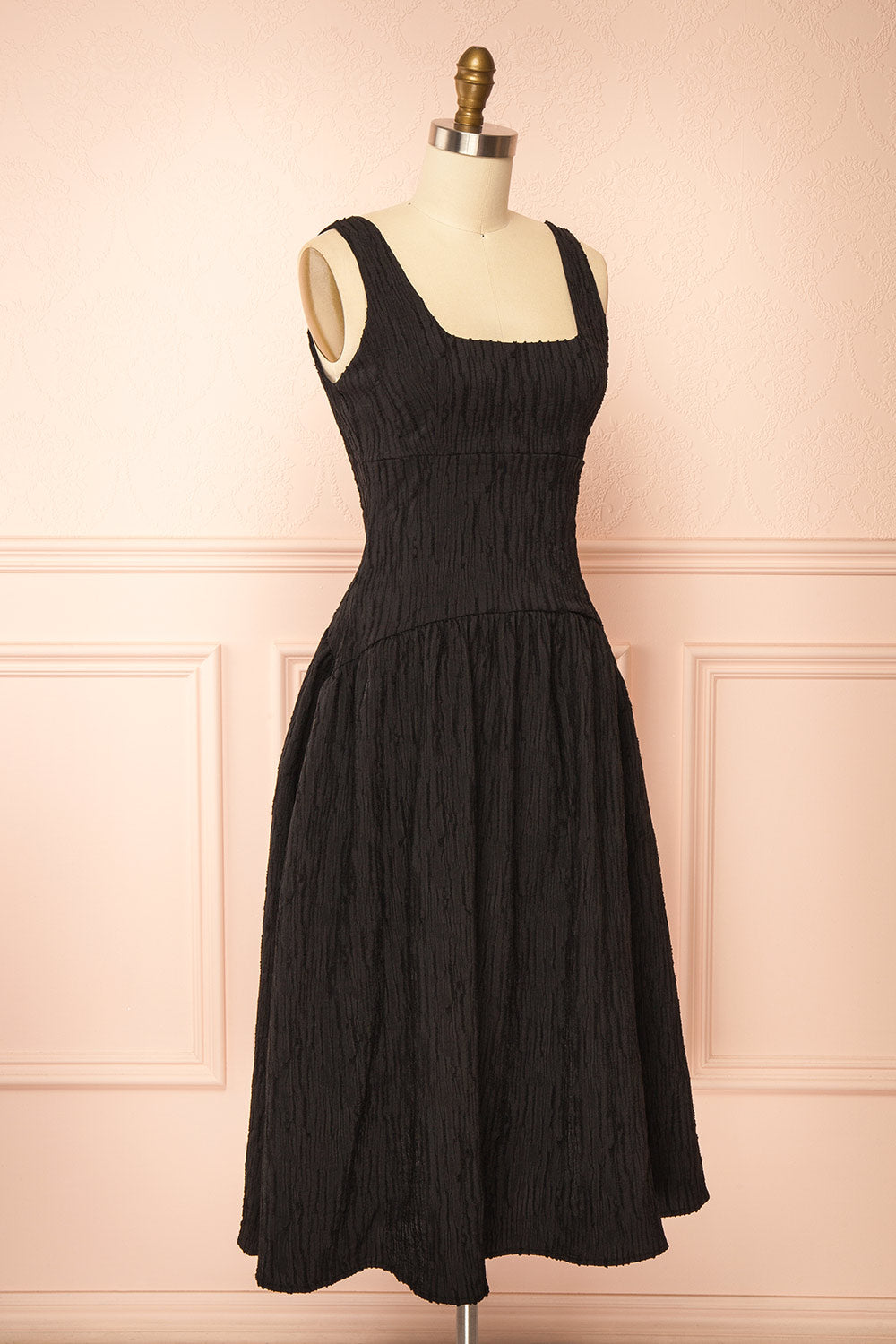 Tyrah Black Midi Dress with Drop Waist | Boutique 1861 side view
