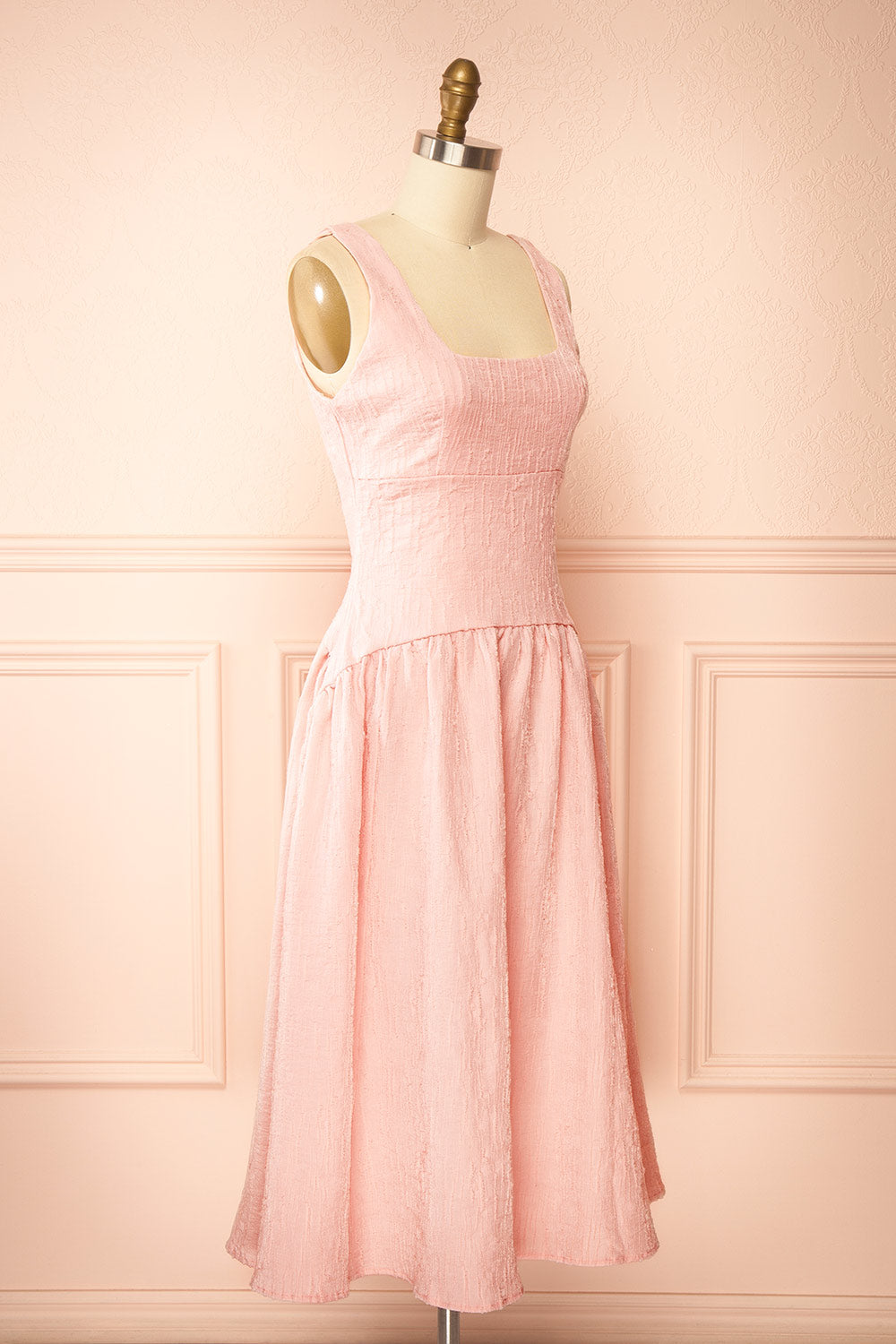 Tyrah Pink Midi Dress with Drop Waist | Boutique 1861 side view