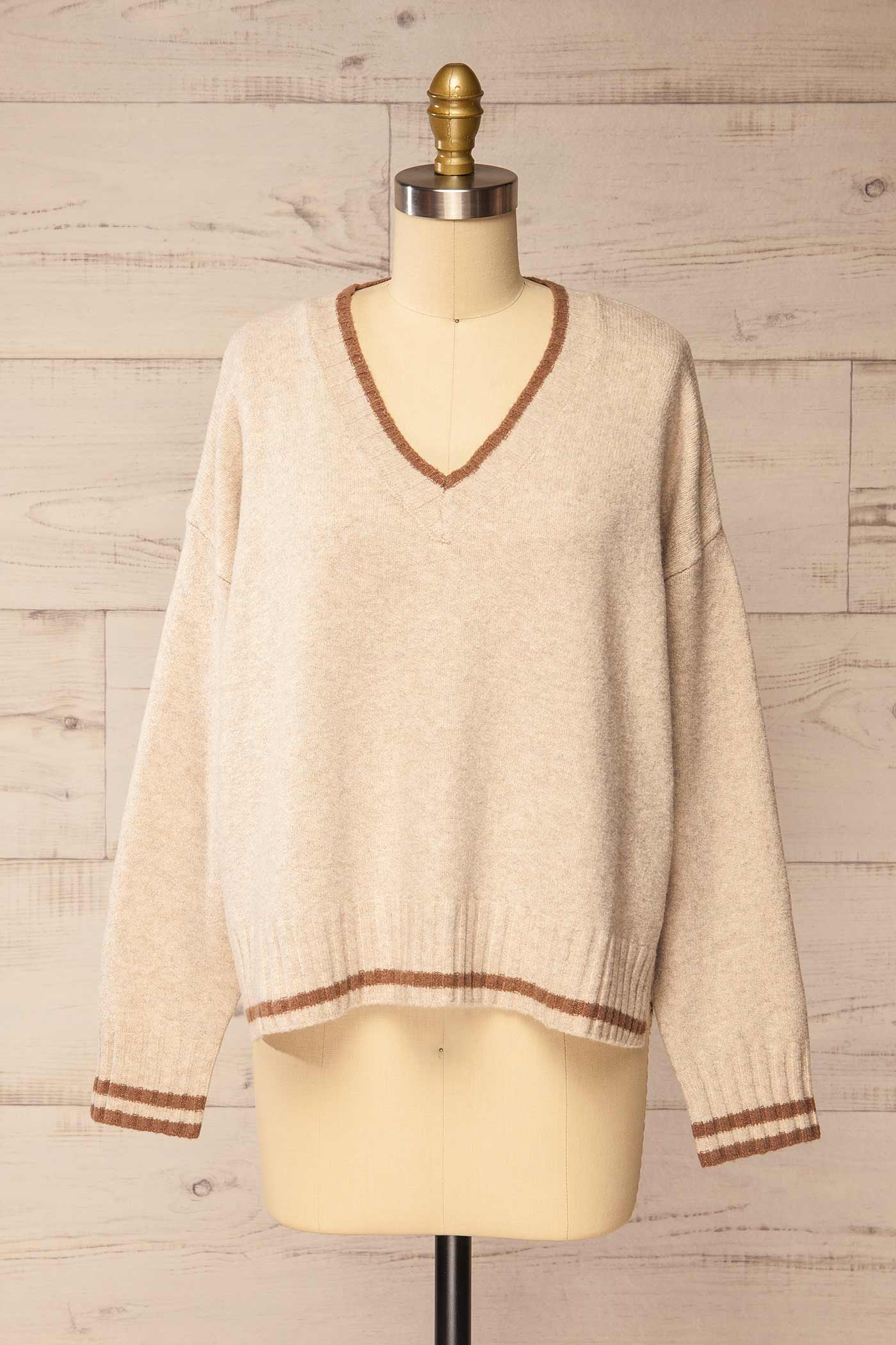 front view of Ulladulla Beige V-Neck Knit Sweater at La petite garçonne