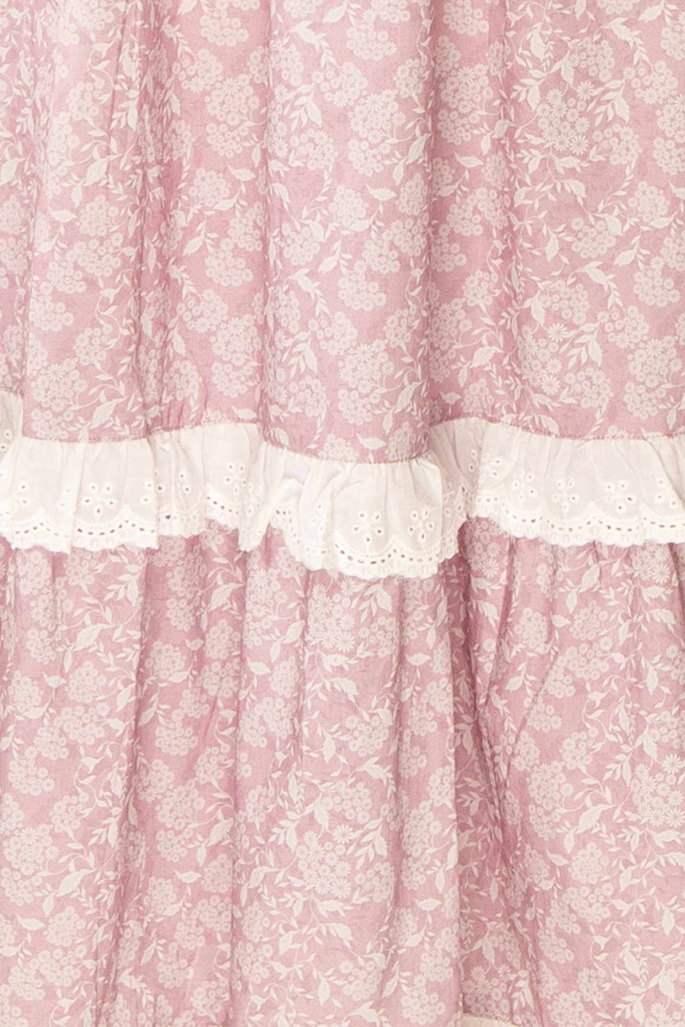 Close-up Uluria Pink Floral Midi Dress with Sweetheart Neckline at boutique 1861