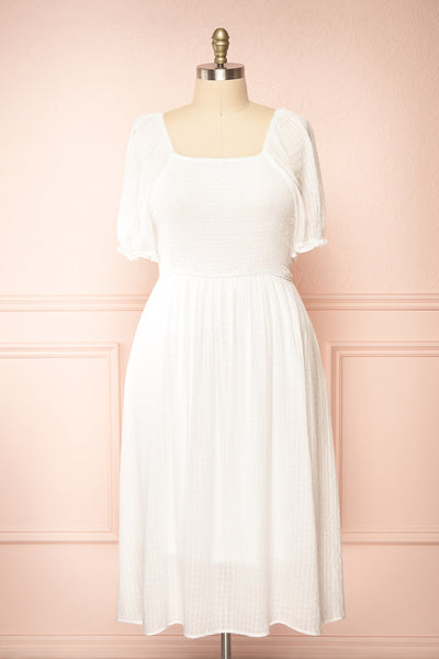 Undume White Square Neck Midi Dress w/ Puffy Sleeves | Boutique 1861 front plus size