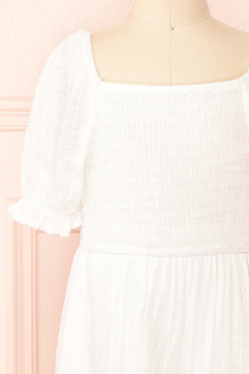 Undume Mini White Midi Dress w/ Square Neckline | Boutique 1861 front close-up