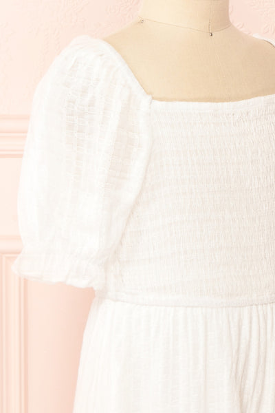 Undume Mini White Midi Dress w/ Square Neckline | Boutique 1861 side close-up