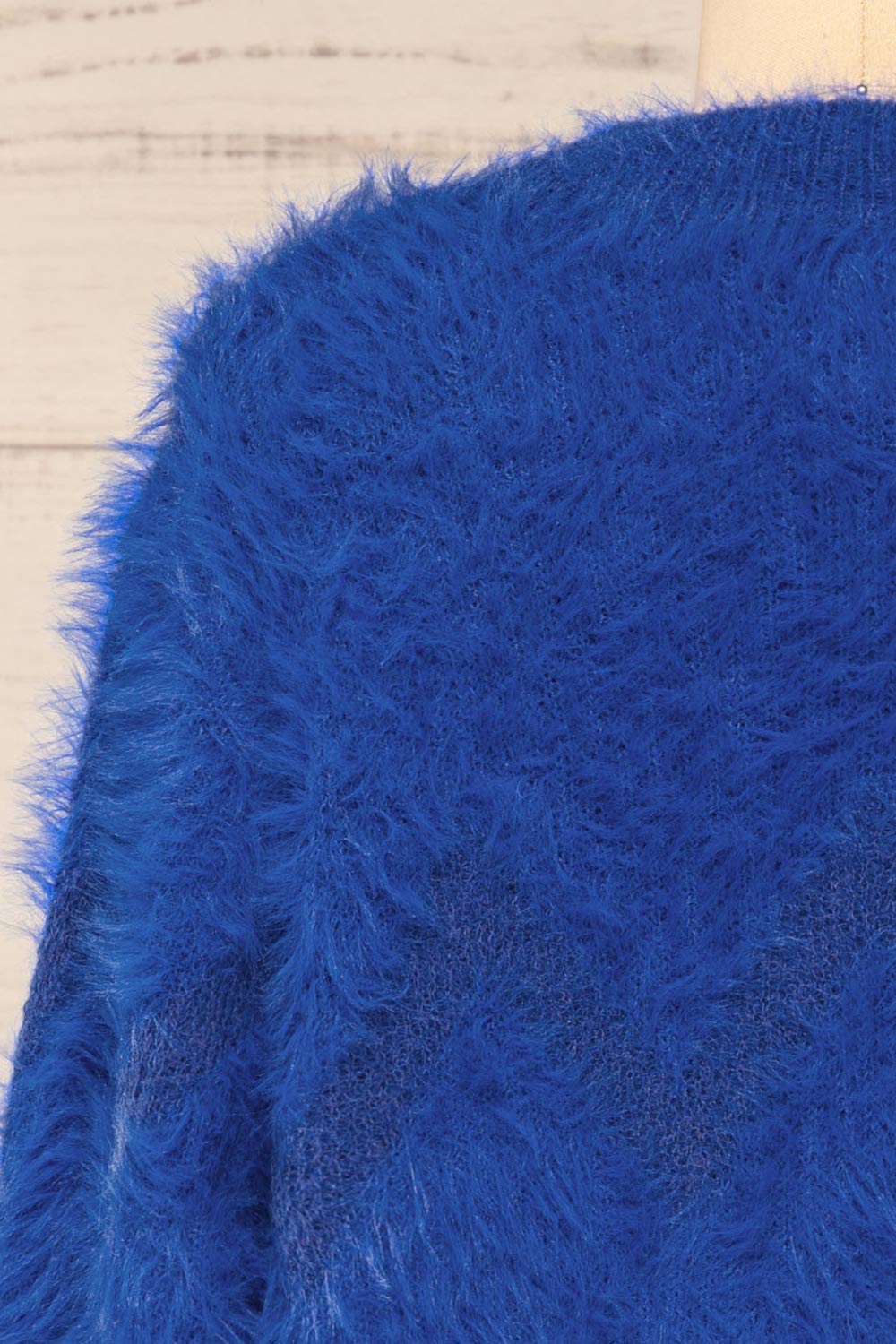 Urtu Blue Fuzzy Herringbone Sweater | La petite garçonne back close-up