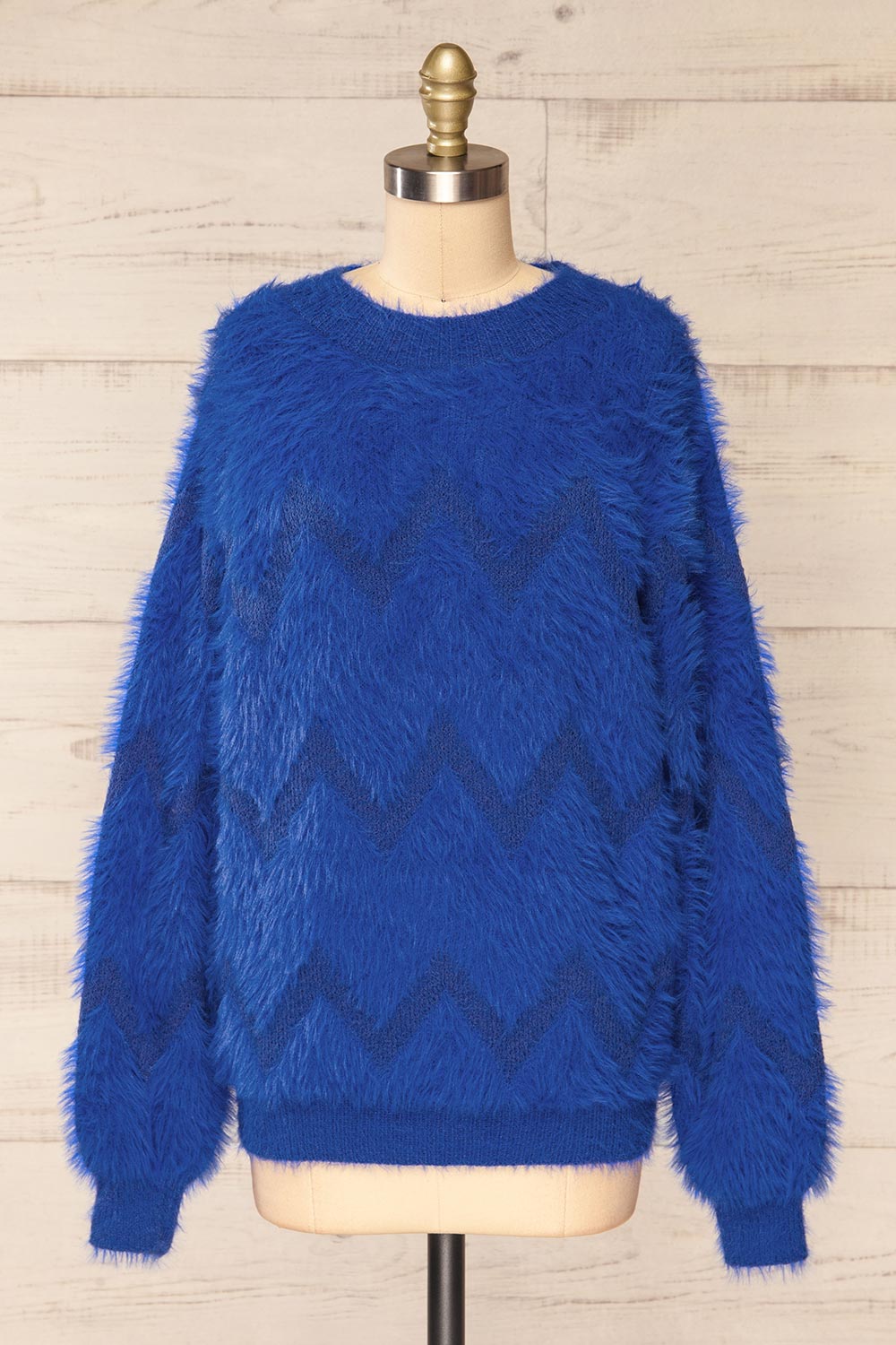 Urtu Blue Fuzzy Herringbone Sweater | La petite garçonne front view