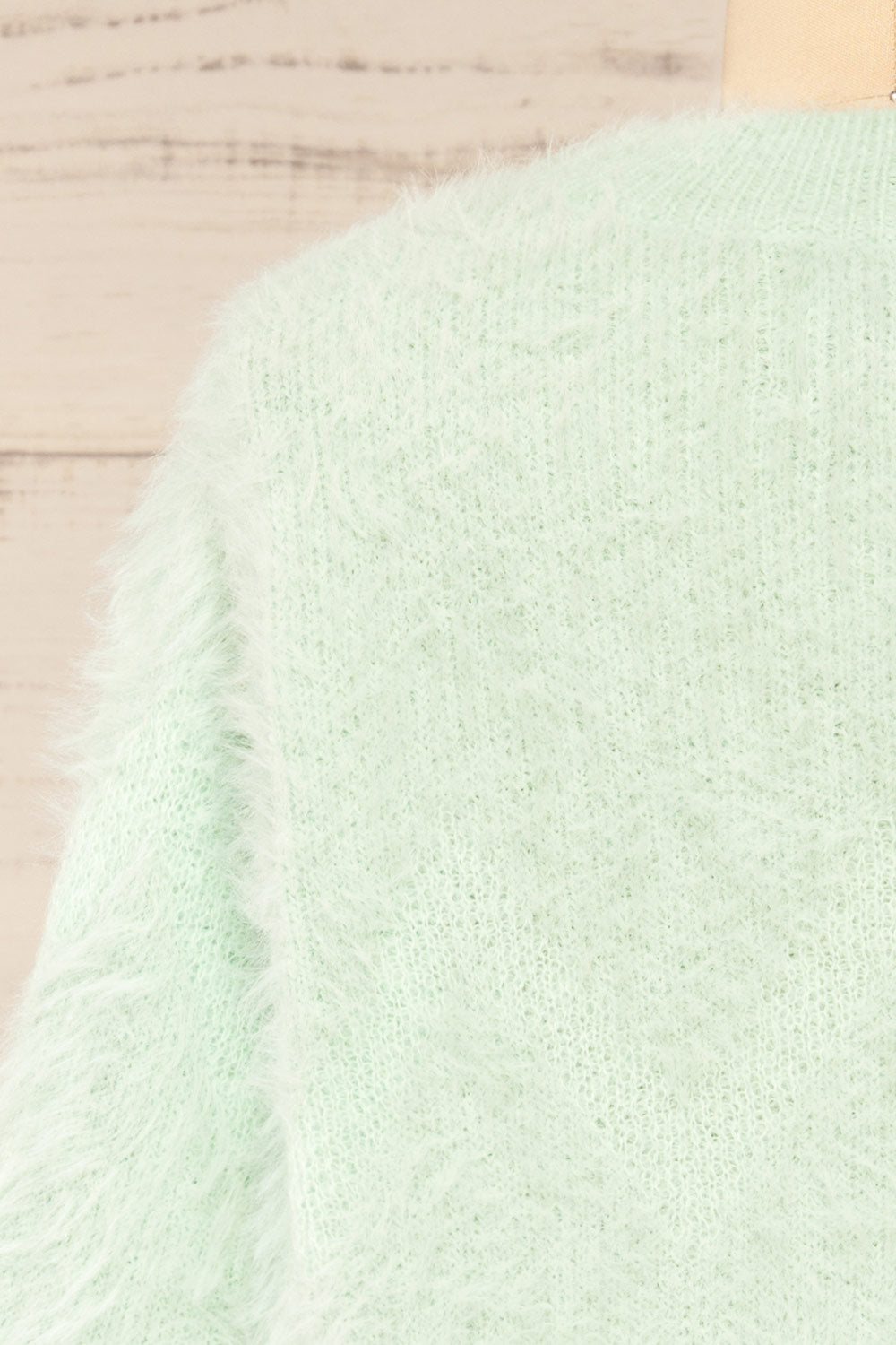 Urtu Mint Fuzzy Herringbone Sweater | La petite garçonne back close-up