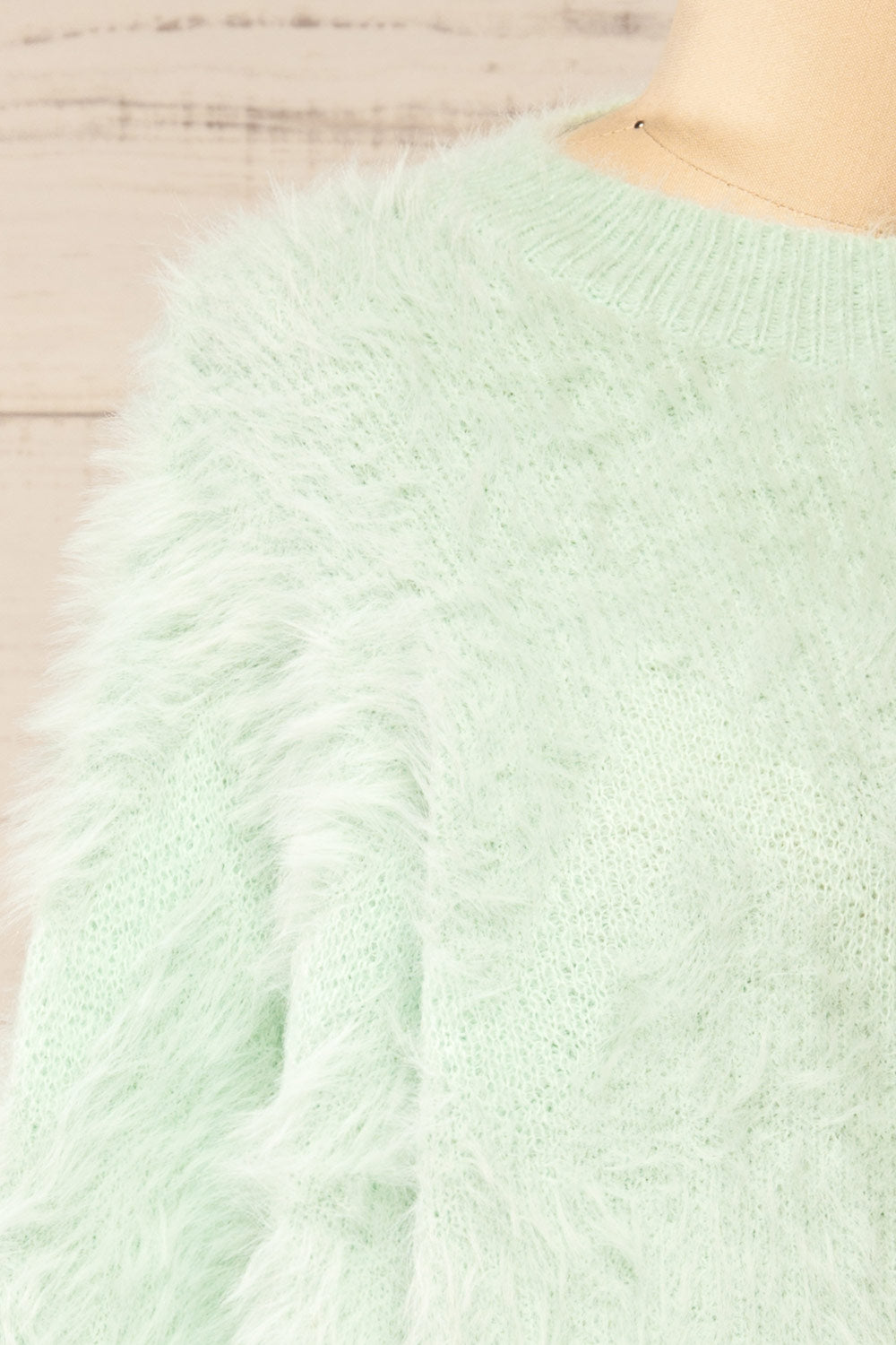 Urtu Mint Fuzzy Herringbone Sweater | La petite garçonne side close-up