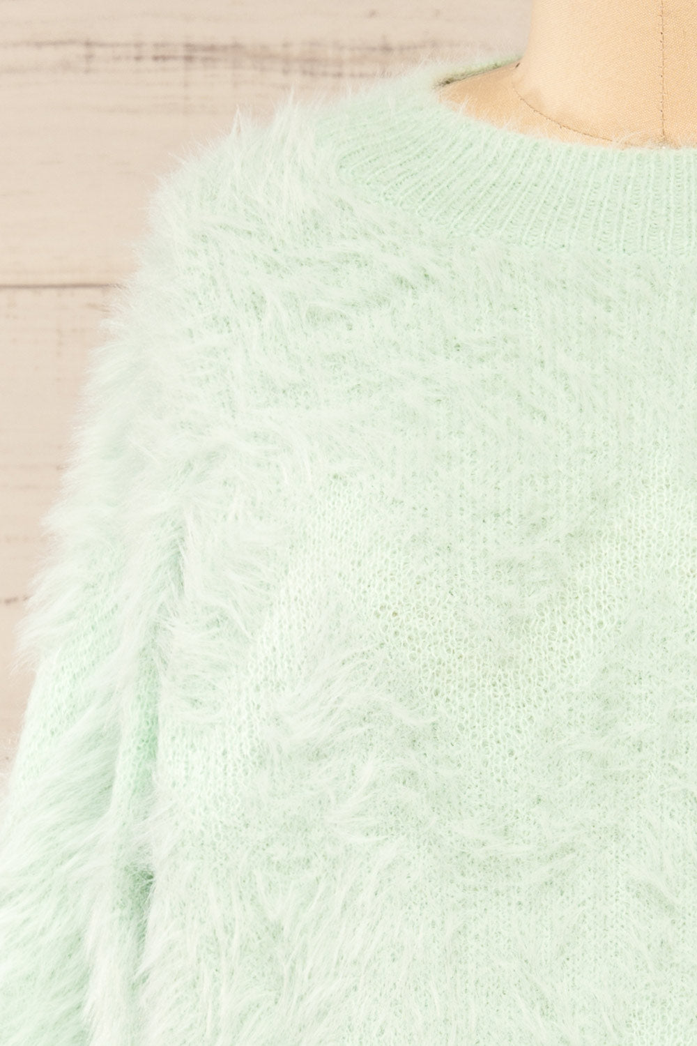 Urtu Mint Fuzzy Herringbone Sweater | La petite garçonne front close-up