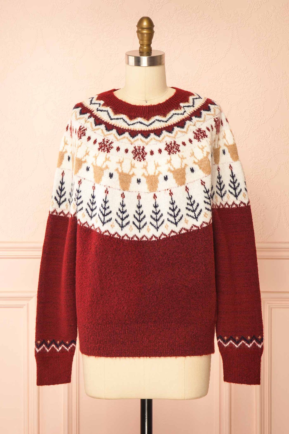 front view of Valeane Red Holiday Fair Isle Knit Sweater at Boutique 1861