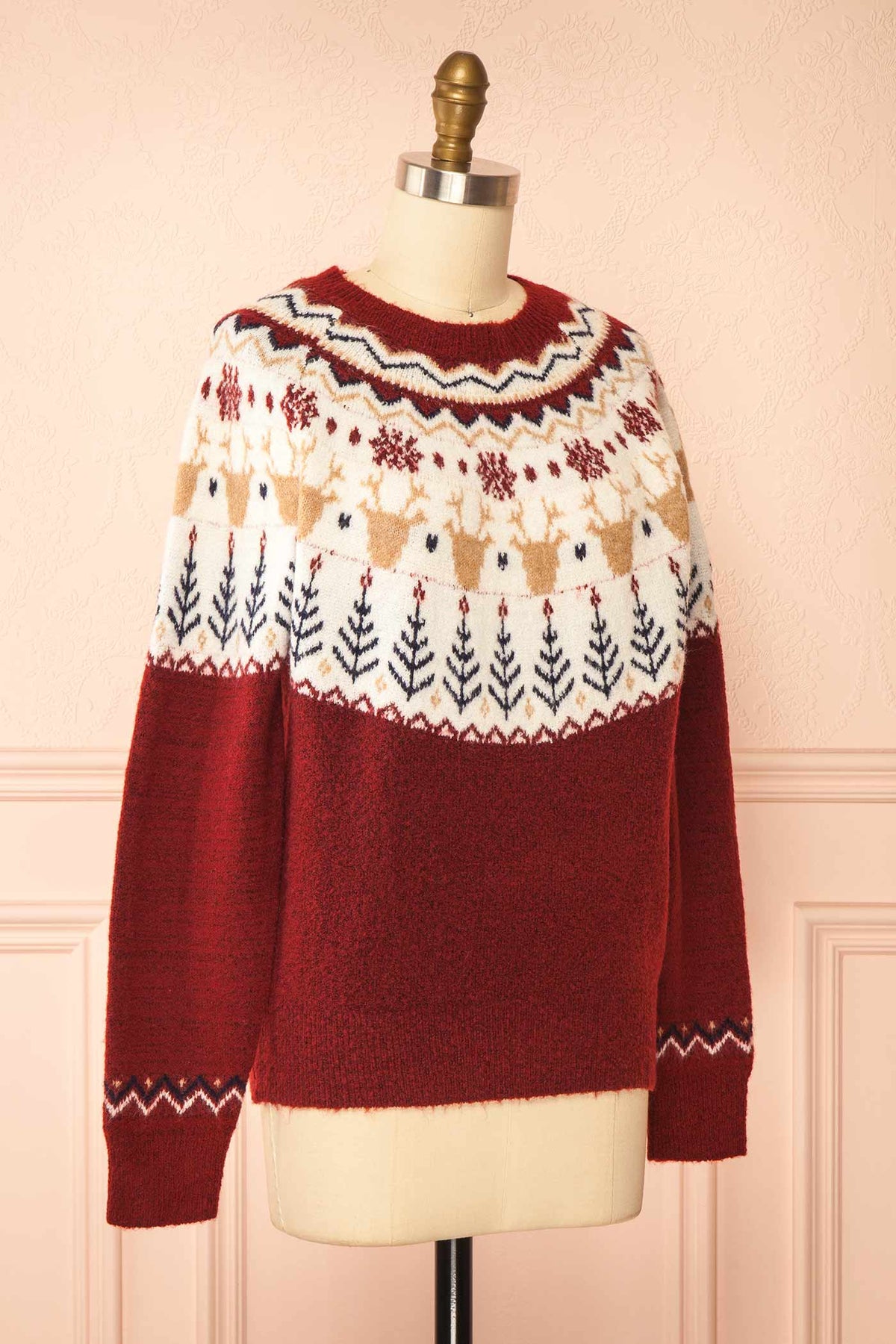 side view of Valeane Red Holiday Fair Isle Knit Sweater at Boutique 1861