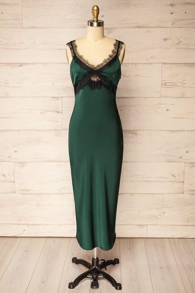 Valencienne Green Satin Dress w/ Black Lace | La petite garçonne front view