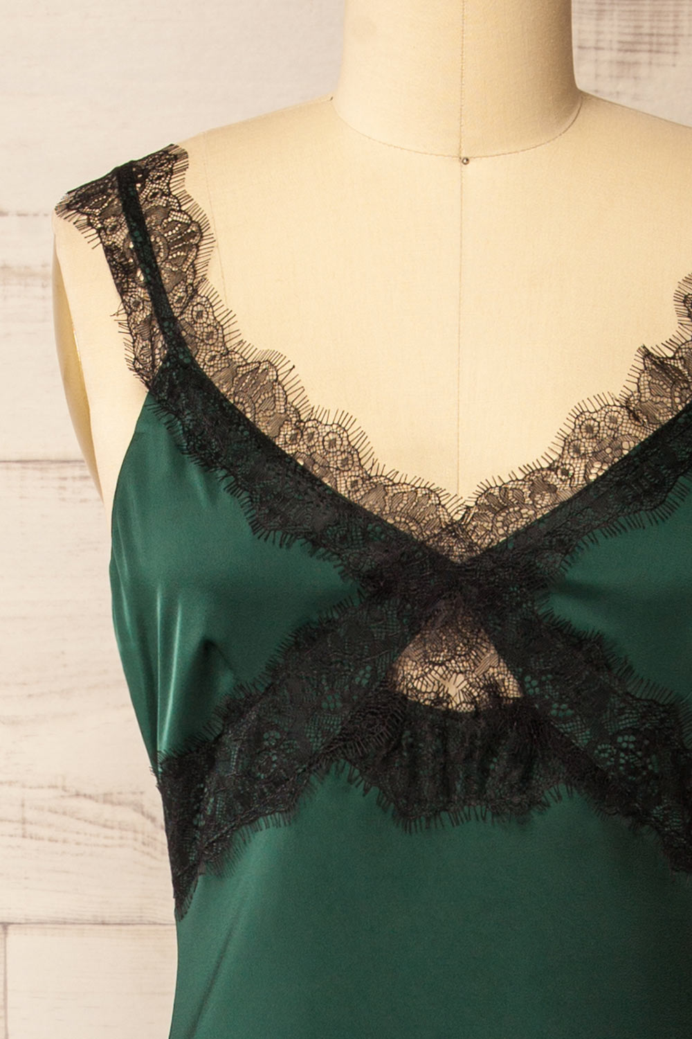 Valencienne Green Satin Dress w/ Black Lace | La petite garçonne front 