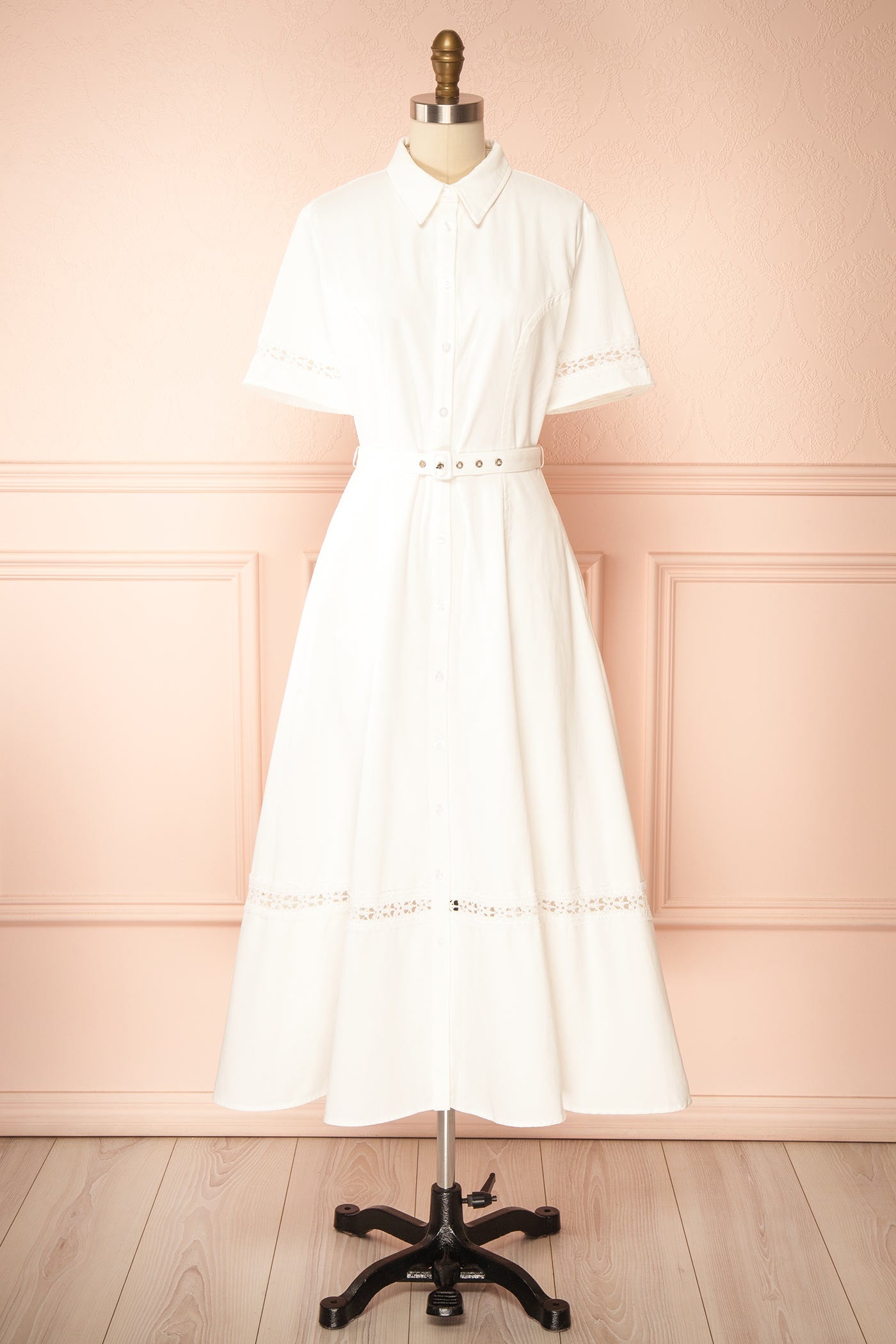 Vallis | White Eyelet Lace Trim Midi Shirt Dress with Pockets and Belt