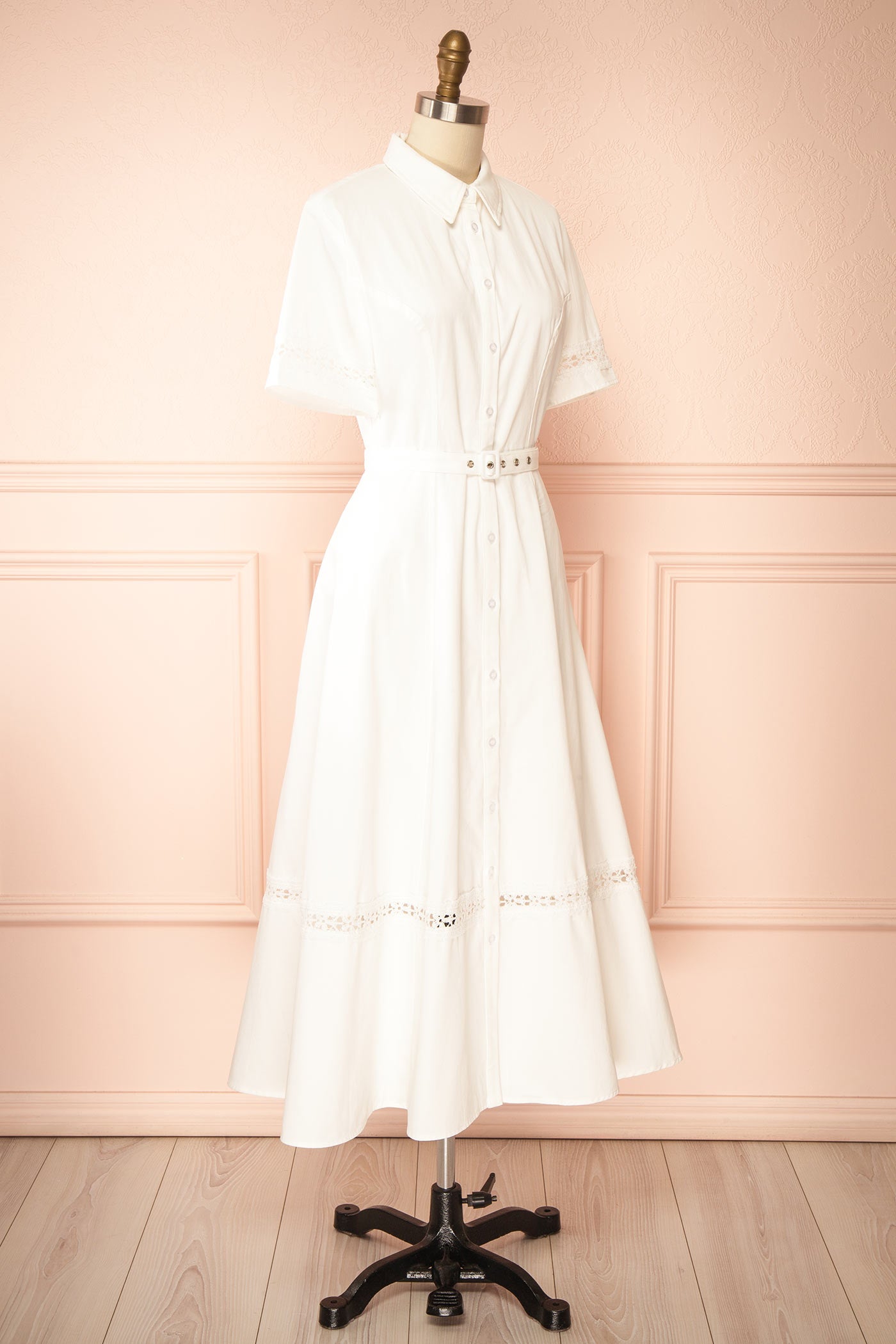 Vallis | White Eyelet Lace Trim Midi Shirt Dress with Pockets and Belt