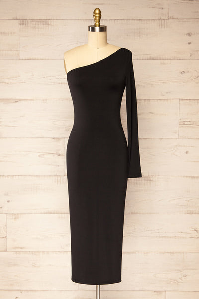 Valtice One-Shoulder Black Midi Dress | La petite garçonne front view