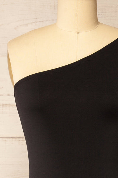 Valtice One-Shoulder Black Midi Dress | La petite garçonne front close-up