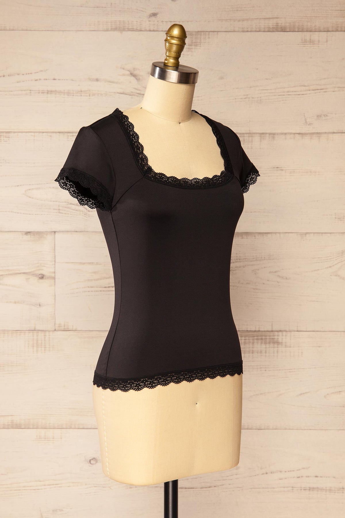 side view of Vascau Black T-Shirt with Square Neckline and Lace Trim at La petite garçonne
