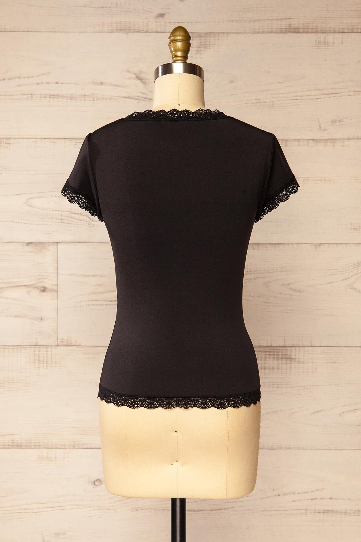 back view of Vascau Black T-Shirt with Square Neckline and Lace Trim at La petite garçonne