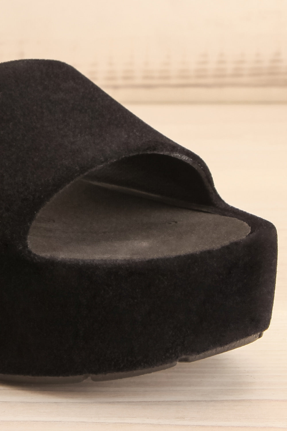 Velanie Black Velvet Platform Sandals | La petite garçonne front close-up