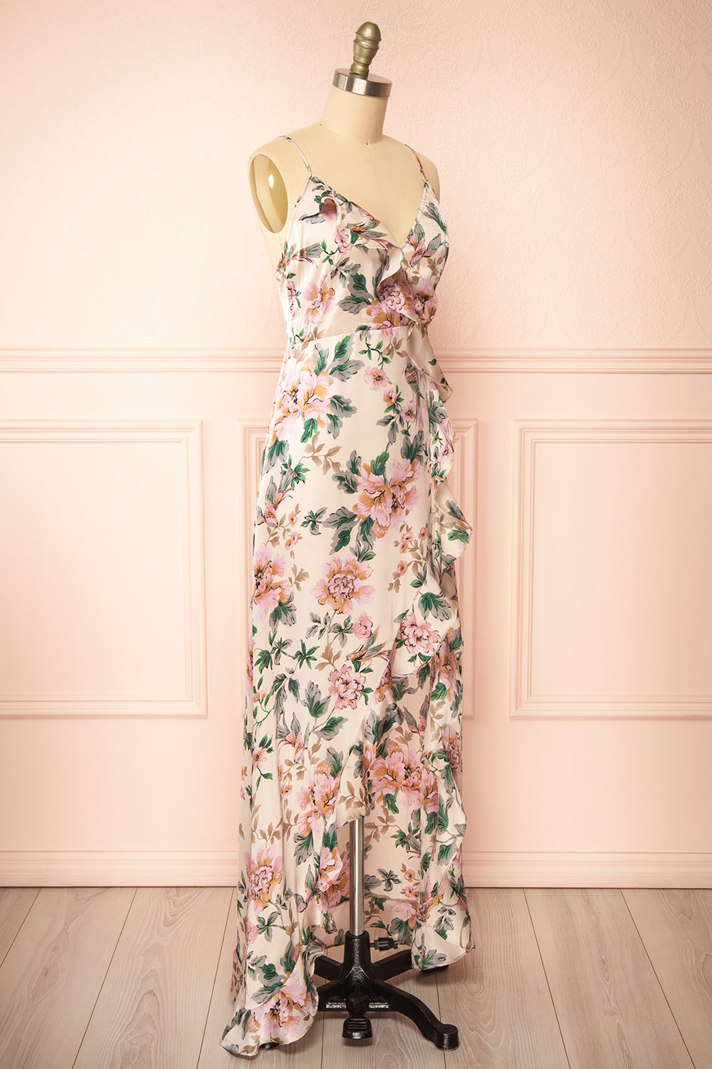 Veleda Taupe Floral Maxi Dress with Ruffles | Boutique 1861 side view 