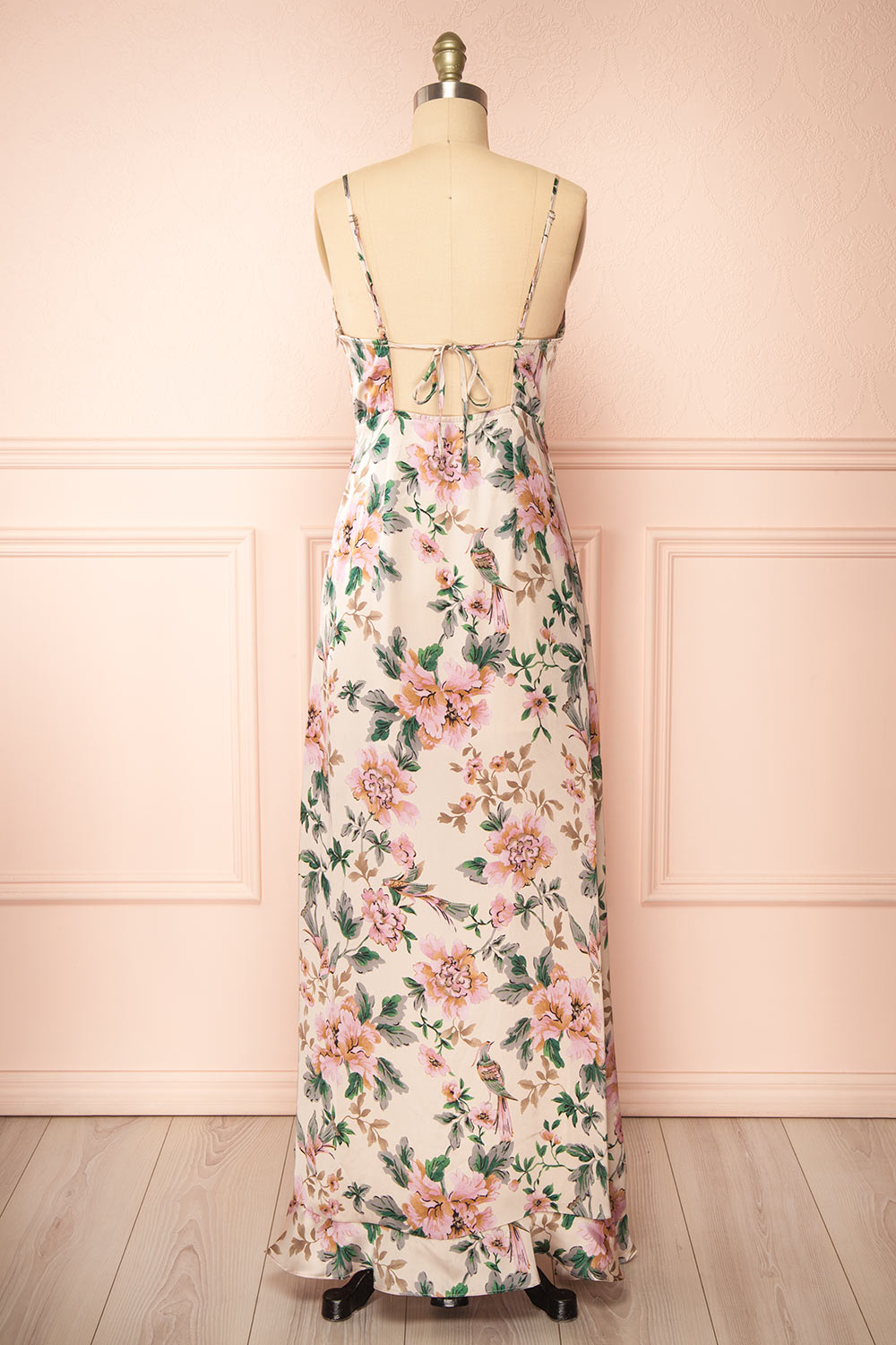 Veleda Taupe Floral Maxi Dress with Ruffles | Boutique 1861 back view