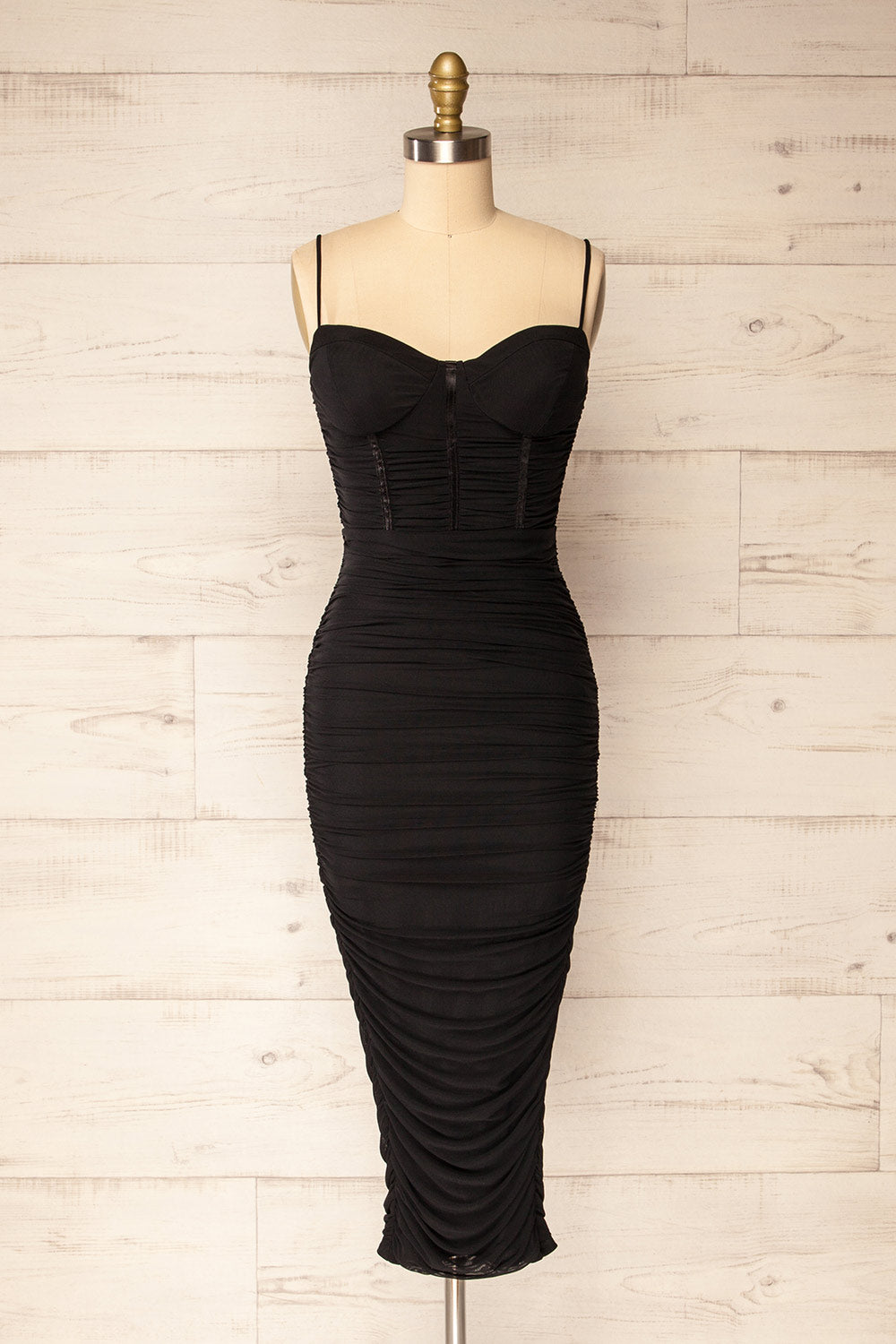 Venise Black Fitted Ruched Midi Dress w/ Bustier