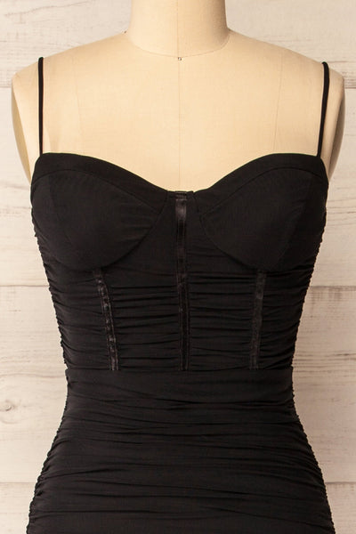 Venise Black Fitted Ruched Midi Dress w/ Bustier | La petite garçonne front close-up