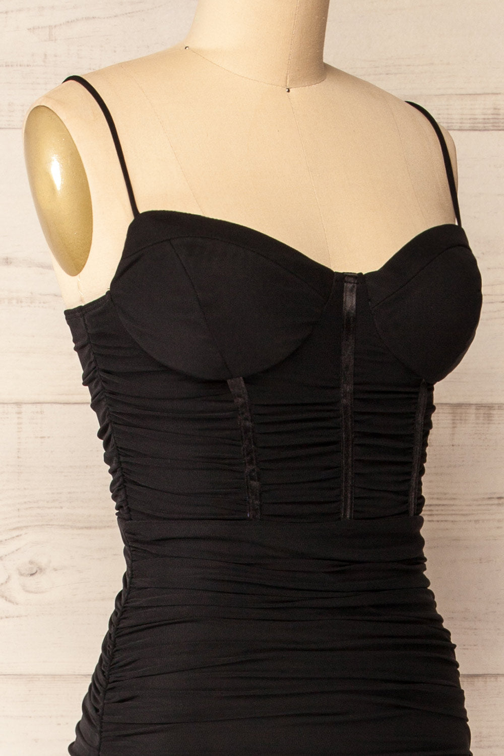 Venise Black Fitted Ruched Midi Dress w/ Bustier | La petite garçonne side close-up