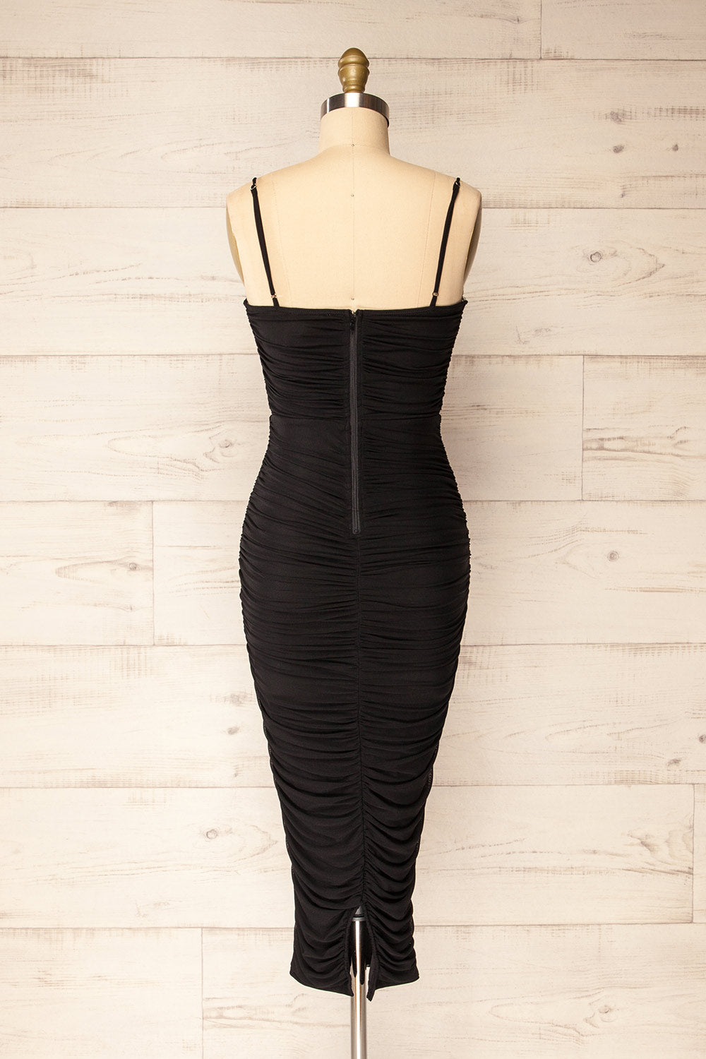 Venise Black Fitted Ruched Midi Dress w/ Bustier | La petite garçonne back view