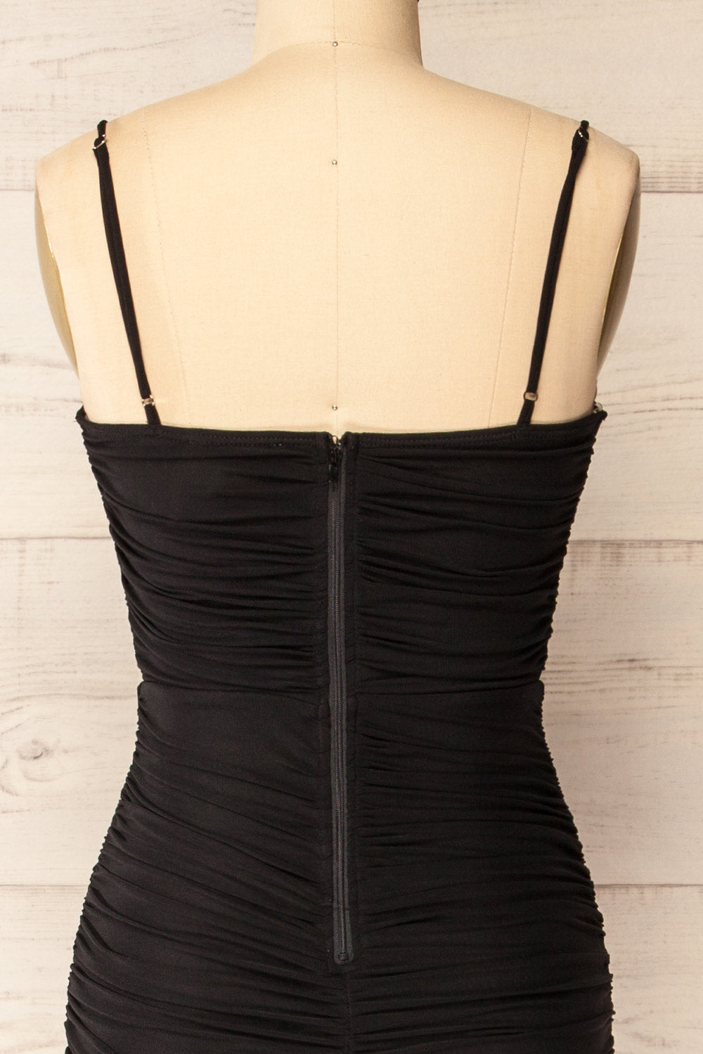Venise Black Fitted Ruched Midi Dress w/ Bustier | La petite garçonne back close-up