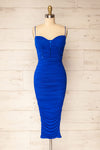 Venise Blue Fitted Ruched Midi Dress w/ Bustier | La petite garçonne front view