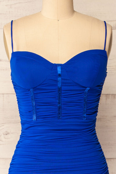 Venise Blue Fitted Ruched Midi Dress w/ Bustier | La petite garçonne front close-up