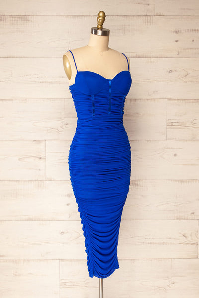 Venise Blue Fitted Ruched Midi Dress w/ Bustier | La petite garçonne side view