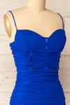 Venise Blue Fitted Ruched Midi Dress w/ Bustier | La petite garçonne side close-up
