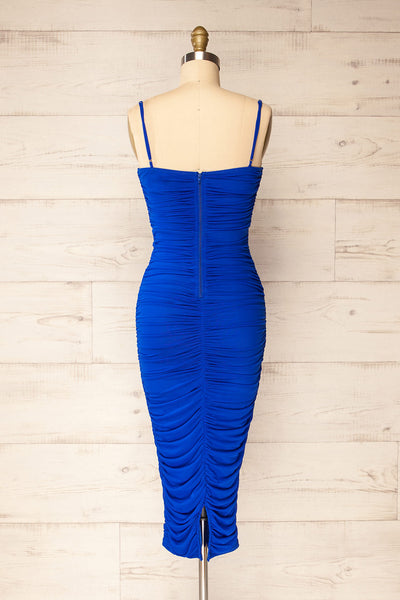 Venise Blue Fitted Ruched Midi Dress w/ Bustier | La petite garçonne back view